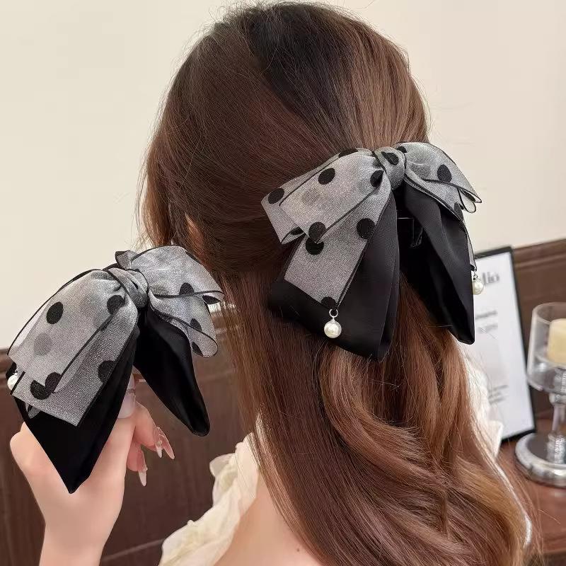 Hi Tech Accessories - Elegant Gray Polka Dot Bow Hairpin